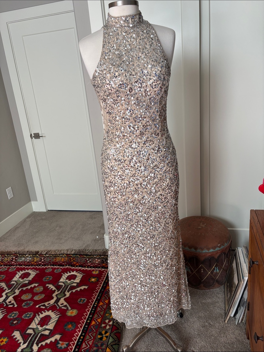 Mac Duggal Champagne Sequin Halter Gown with mesh webbed side panels. Sz 2.
